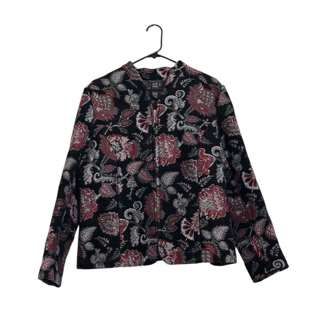 Portrait Vintage Floral Tapestry Zip Front Jacket Black Burgundy Woven Women XL